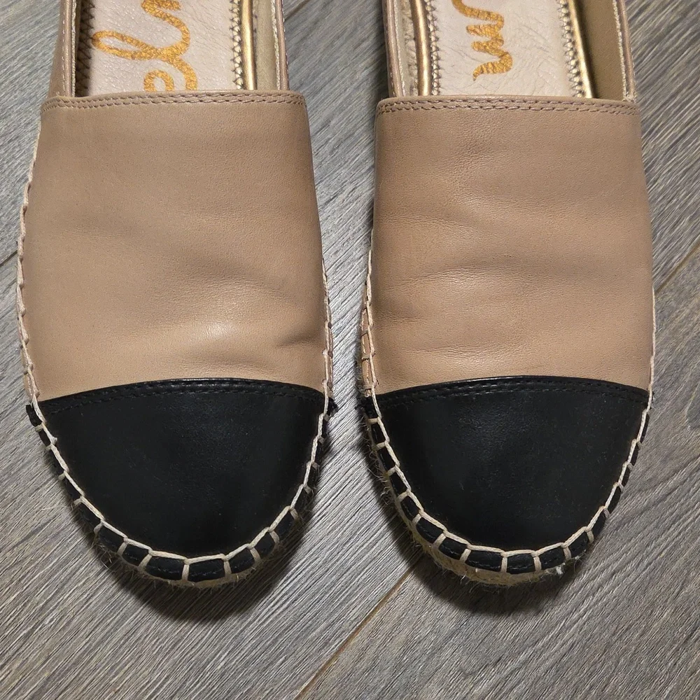 Leather Espadrille Flats in Beige with Black Cap Toe